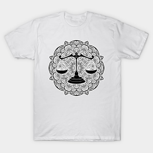 Libra Mandala Zodiac in Black and White T-Shirt by Serbyk